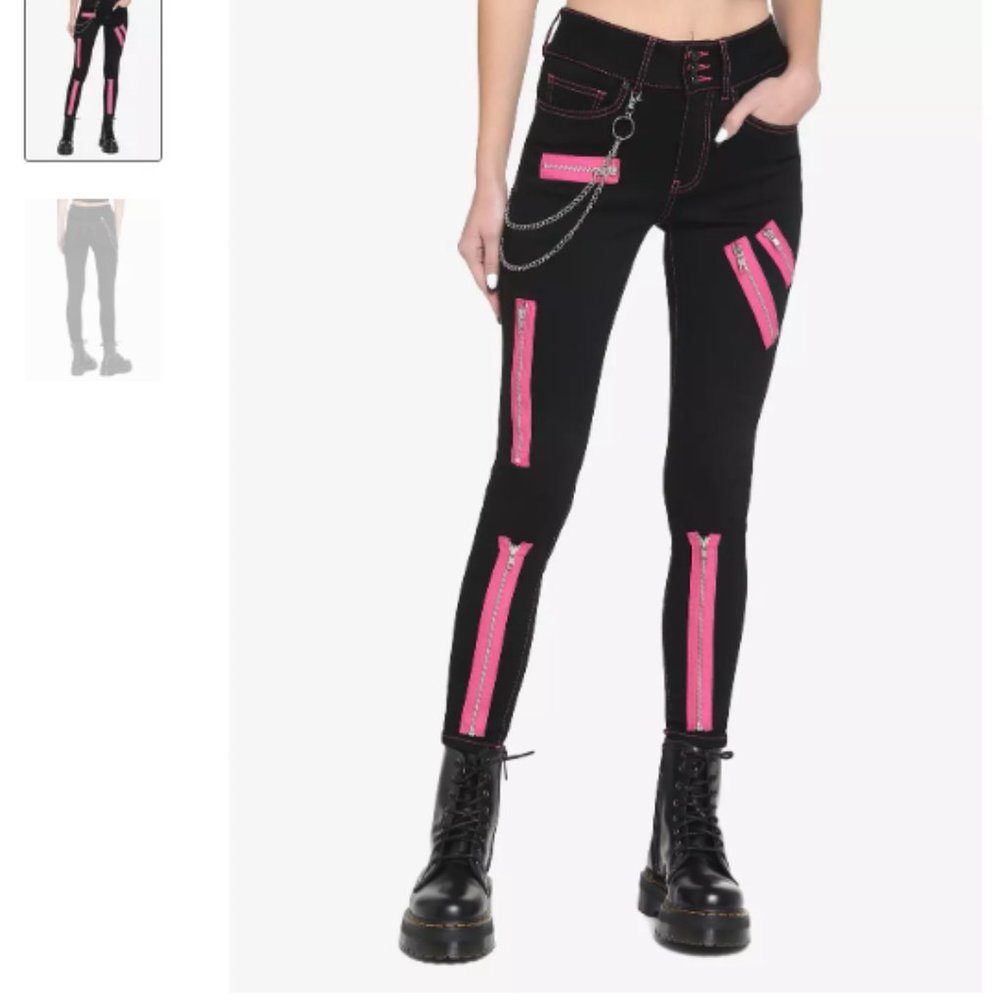 Hot Topic Black & Pink Zipper Super Skinny Jeans Size 19 (Missing Chain)